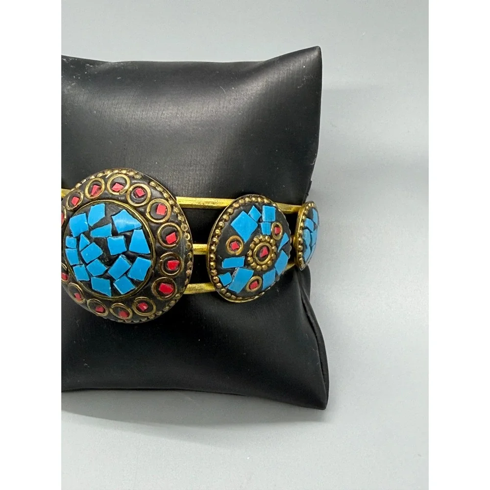 Tibetan Style Cuff Bracelet Blue Red Brass Tone Metal Mosaic Medallions Inlay